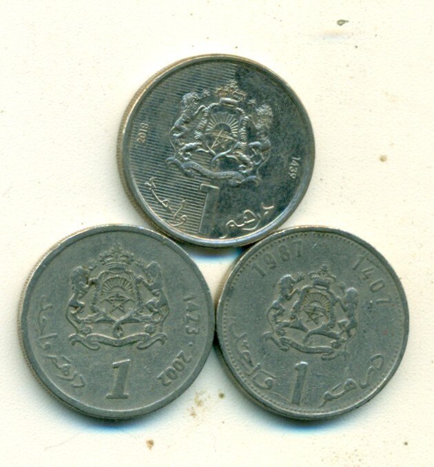 3 DIFFERENT 1 DIRHAM COINS from MOROCCO - 1987, 2002 & 2018 (3 DIFFERENT TYPES)