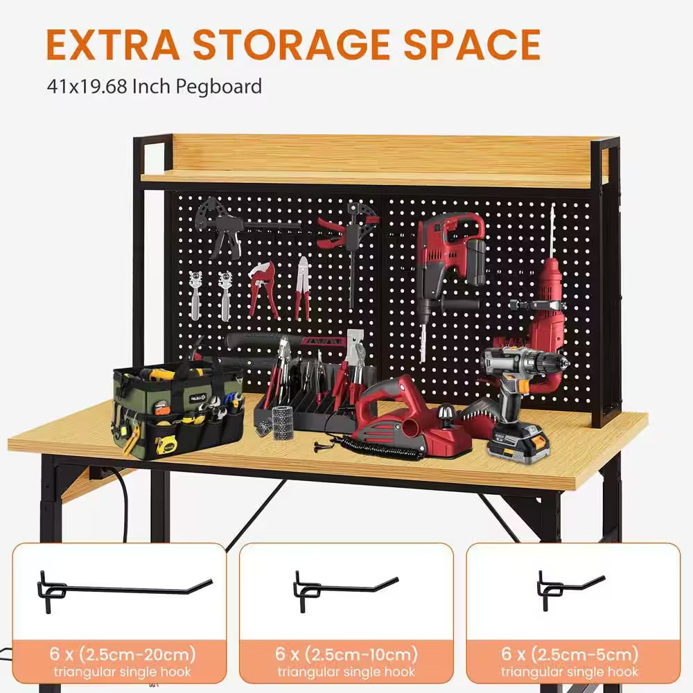 48" Heavy Duty Adjustable Workbench with Pegboard, Adjustable Work Table with Po