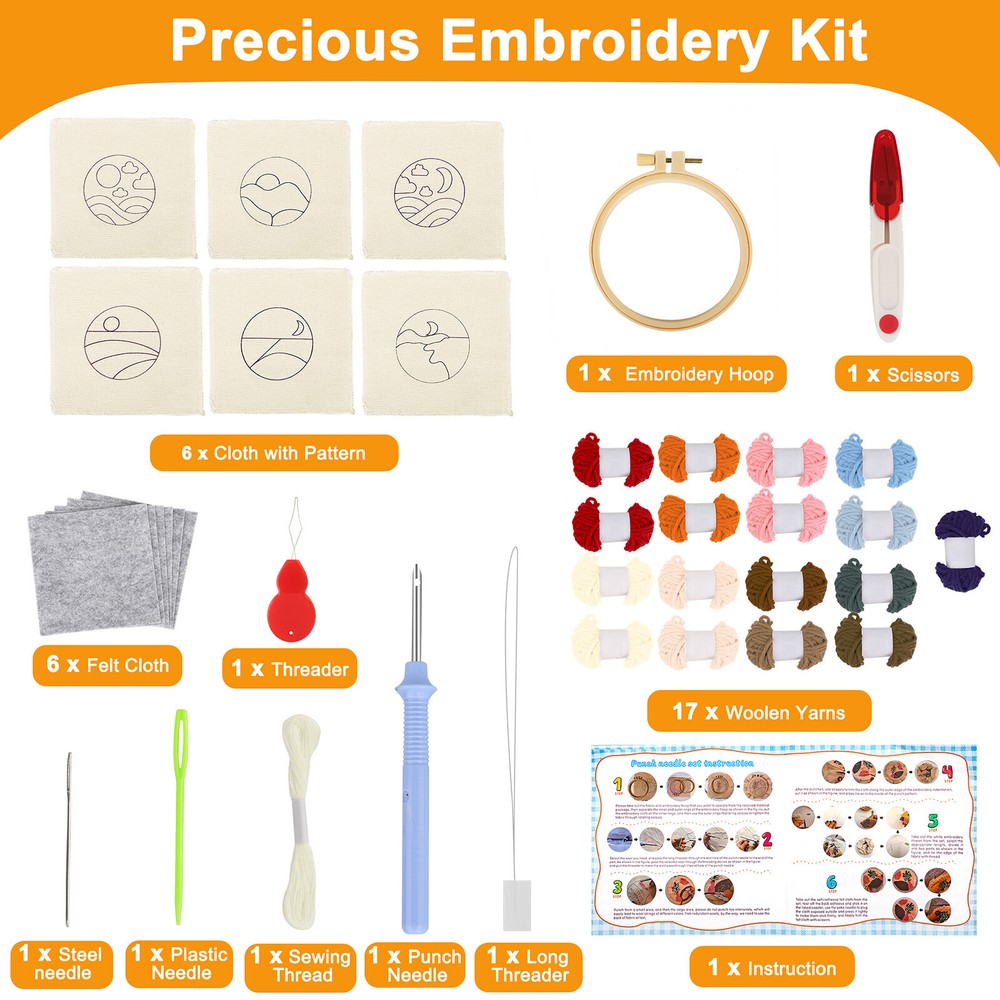 6pcs Punch Needle Coaster Kit Sewing Stitch Tool for Beginner DIY Craft