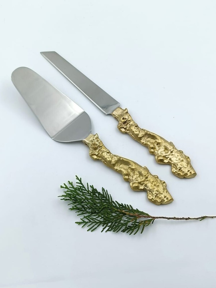 Modern Elegance Cake Server & Knife Set – Brass & Steel Wedding Tableware