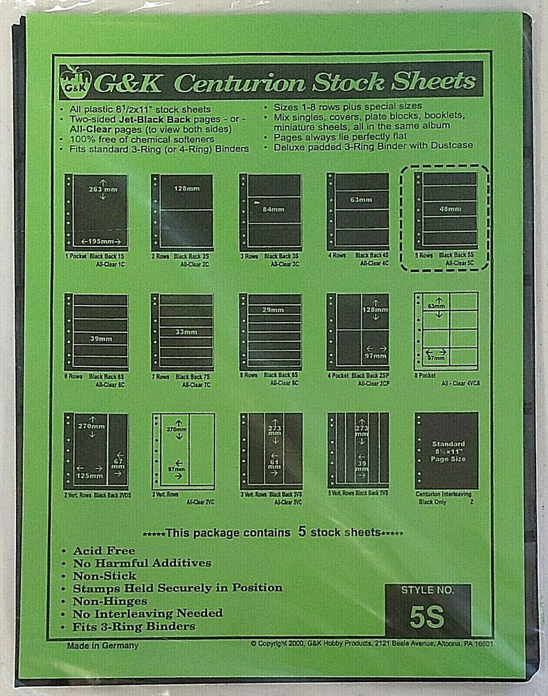 G&K Centurion Stock Sheets, Style No. 5S, 5 Stock Sheets per pack, Two-Sided