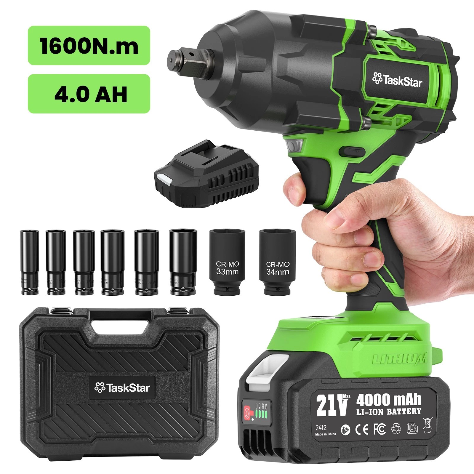 TaskStar Cordless Impact Wrench 1/2", 1180 Ft-lbs(1600 N.m) 4000mAh Battery