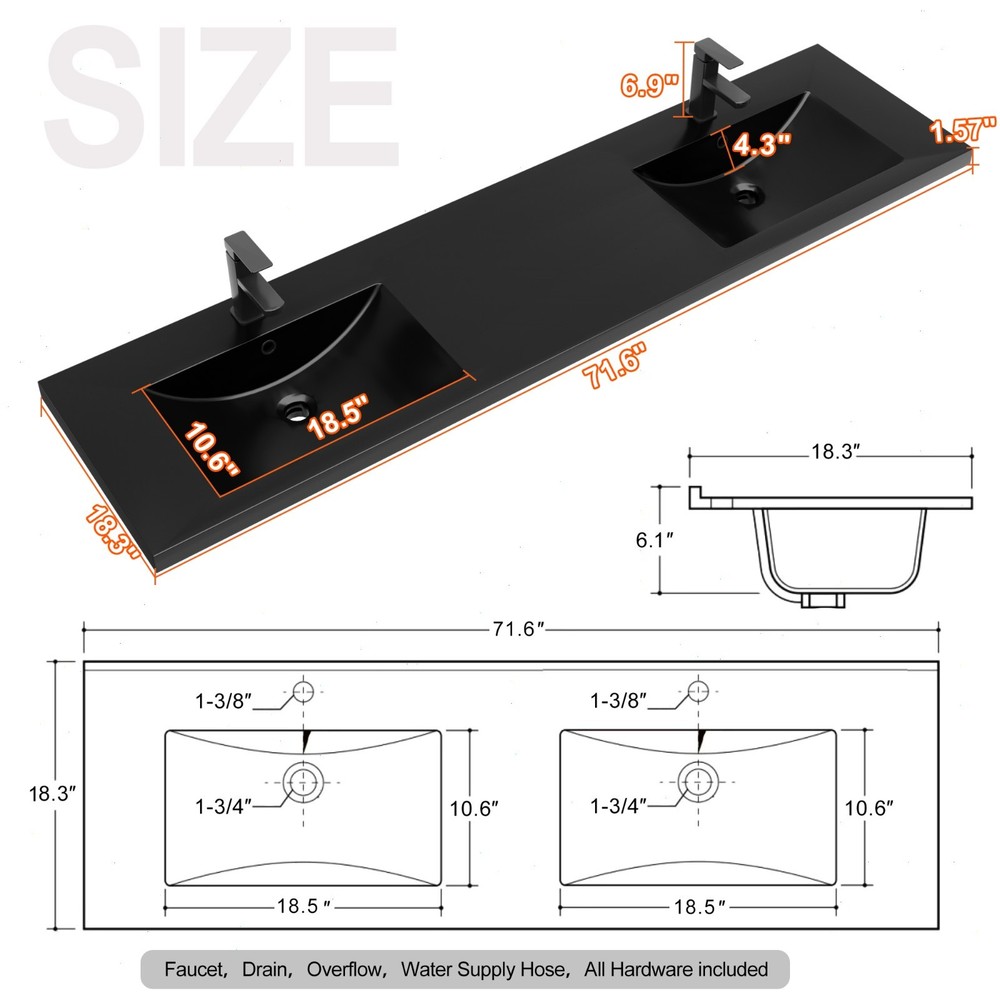 72" Double Sink Vanity Top Undermount Bathroom Sink