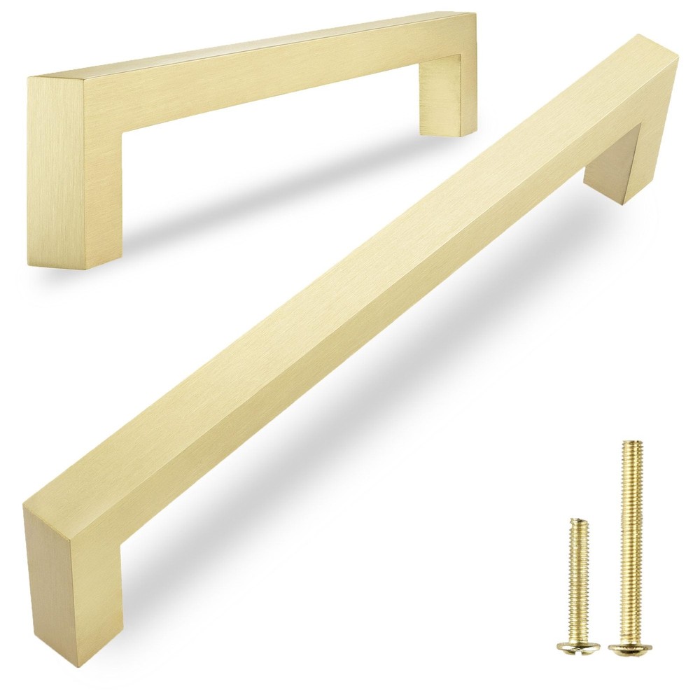 5 Pack Solid Brass Cabinet Pulls, 5 Inch Hole Center, Brushed Matte Gold Squa...