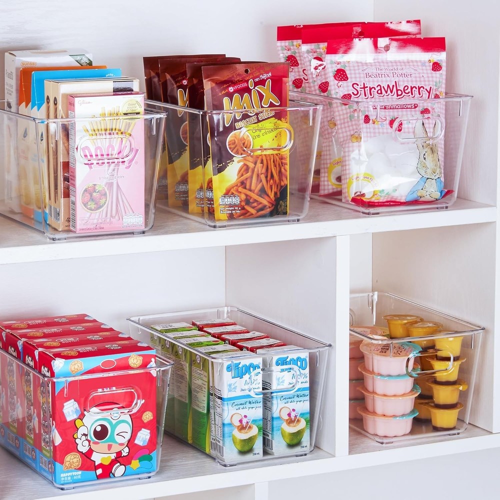 Clear Plastic Storage Bins 2pcs Medium with Handles for Kitchen Pantry Refrig...