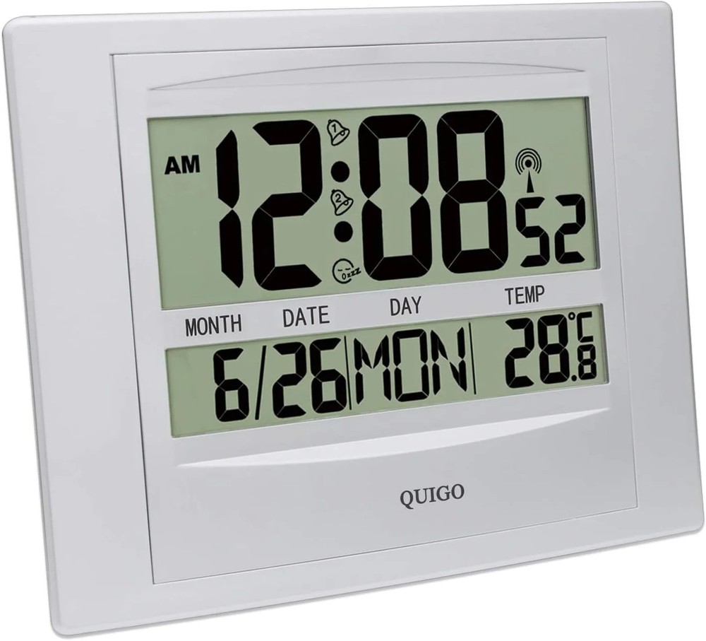 Digital Wall Clock Atomic Large Display Temp Alarm Desk Bedroom Silver