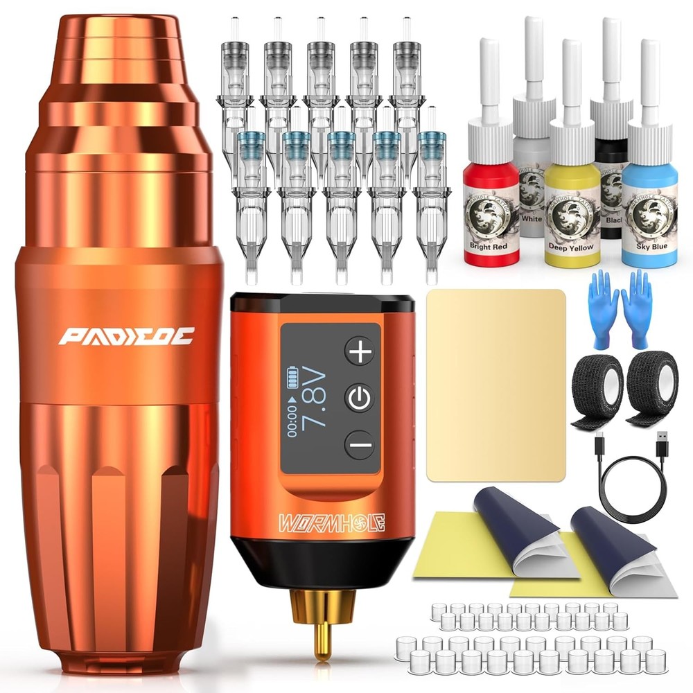 Padieoe Tattoo Gun Dotwork Kit Wireless Machine with Orange