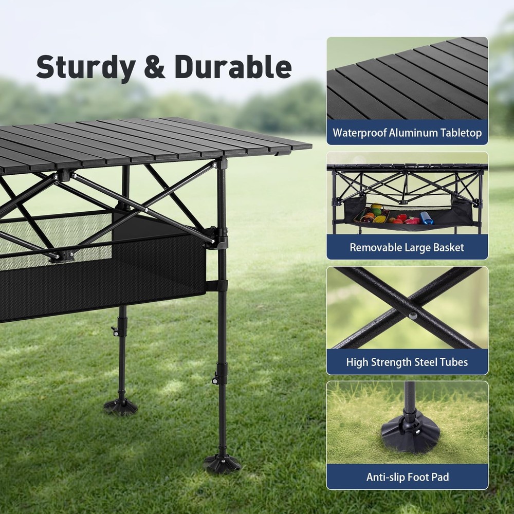 Folding Camping Table, Portable Roll-up Table with Adjustable Height, Large S...