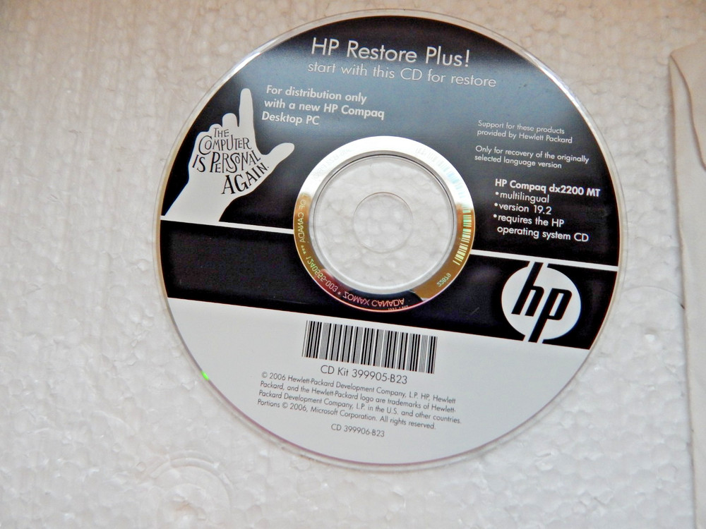 HP RESTORE PLUS hp dx2000mx 18.2 CD ONLY