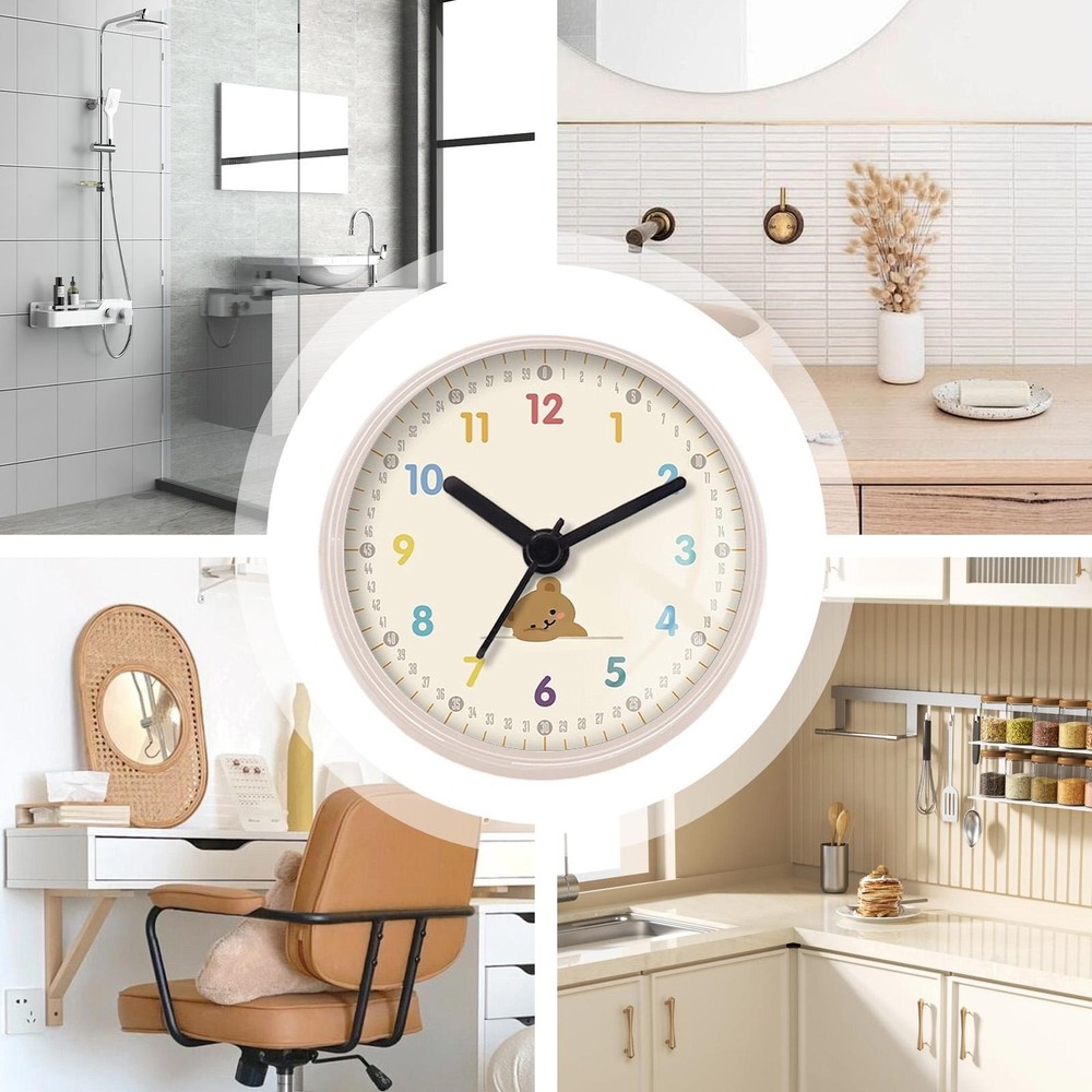 Small Shower Clock Bathroom Round Quiet Wall Decor with Suction Cup