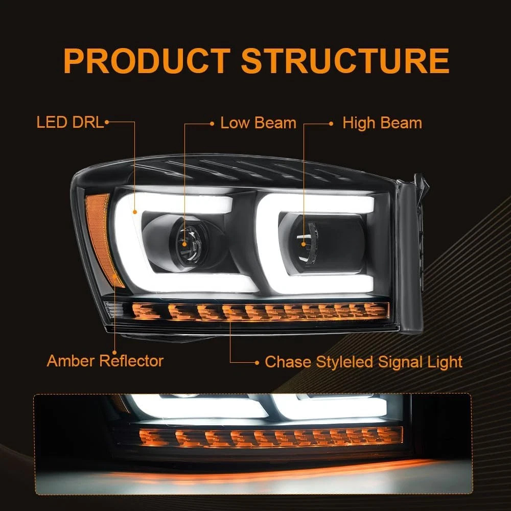 LED DRL Headlight, Headlights Assembly Kit Compatible with 2006-2008 Dodge Ram 1