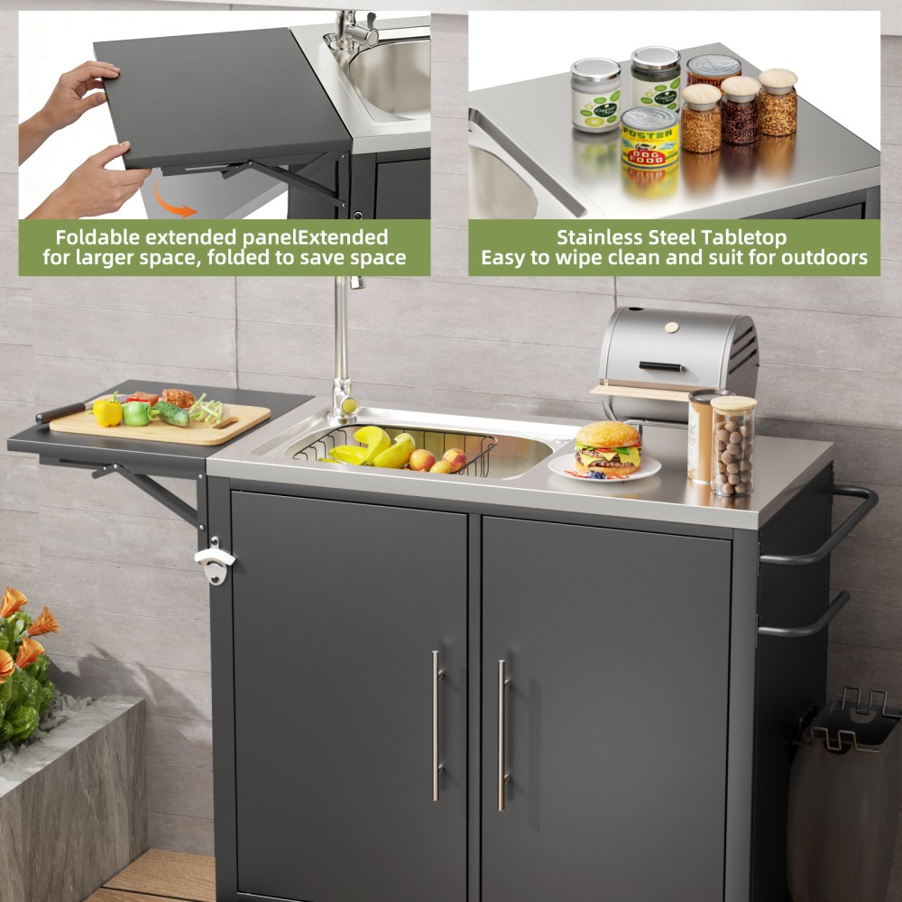 Rolling Outdoor Grill Cart with Sink Foldable Metal Worktable Storage