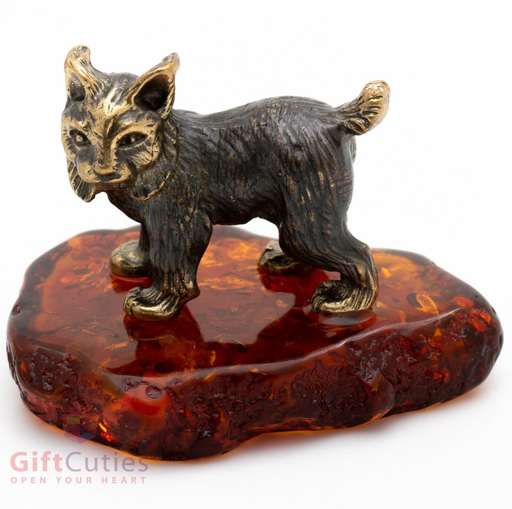 Solid Brass Amber Figurine of the Eurasian lynx IronWork