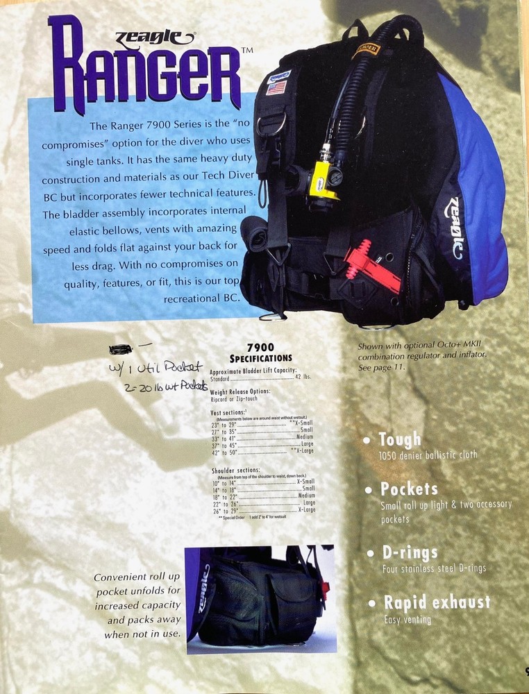 Zeagle Ranger BCD Size L Scuba Diving Buoyancy Compensator