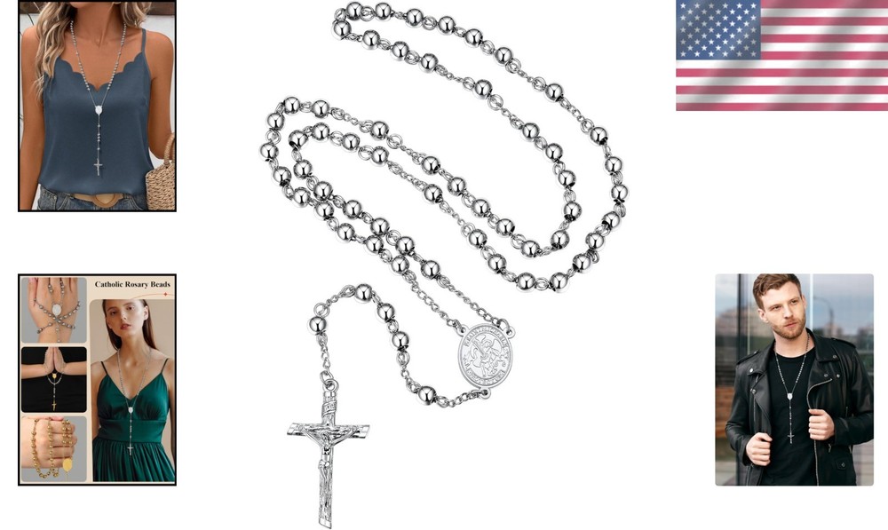 Rosary Beads Catholic Necklace for Men, St Michael/St Christopher/Virgin Mary Pr
