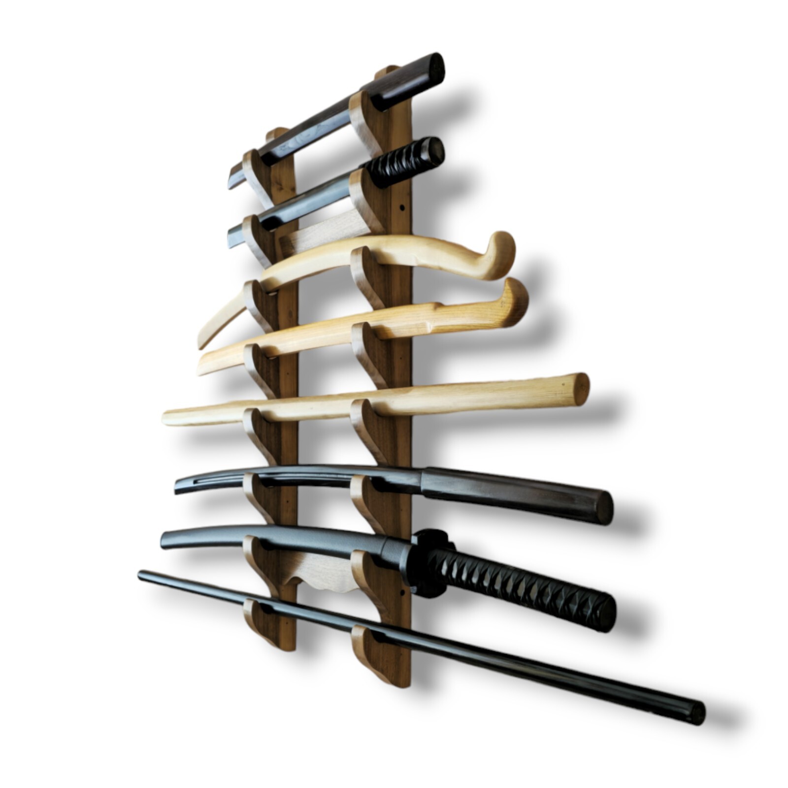 Wooden Wall Mounted Sword Katana Bokken Rack - Walnut Wood - 7-10 Layer