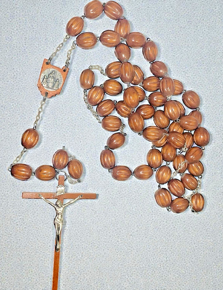 Antique Italy Carved Wood Bead Rosary Italy Vintage Sacred Heart Crucifix 57"