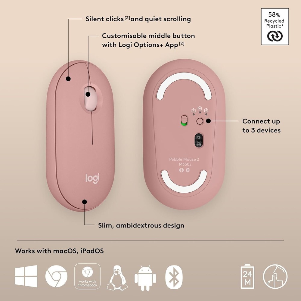 Logitech Pebble 2 M350S Bluetooth Mouse PC/MAC Portable Quiet Clicks Tonal Rose
