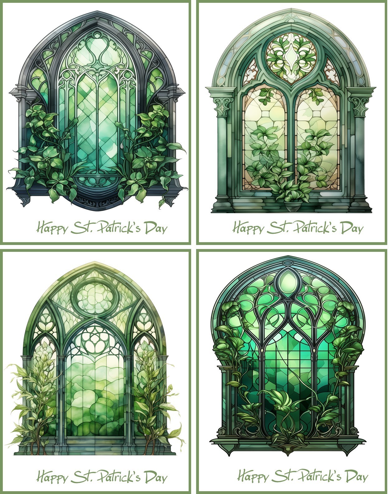 St. Patrick's Day Blank Card 8 Windows Glossy Watercolor envelopes