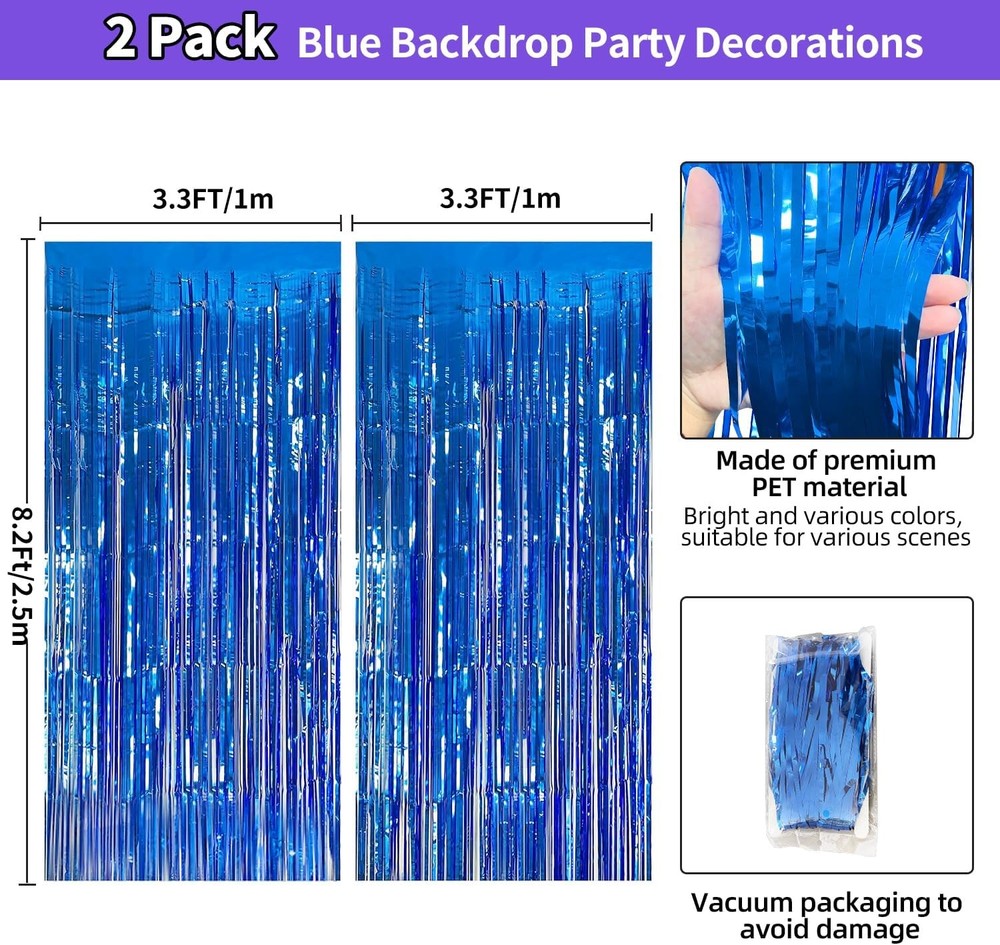 Blue Streamers Party Decorations 3.3x8.2ft, 2 Pack Dark