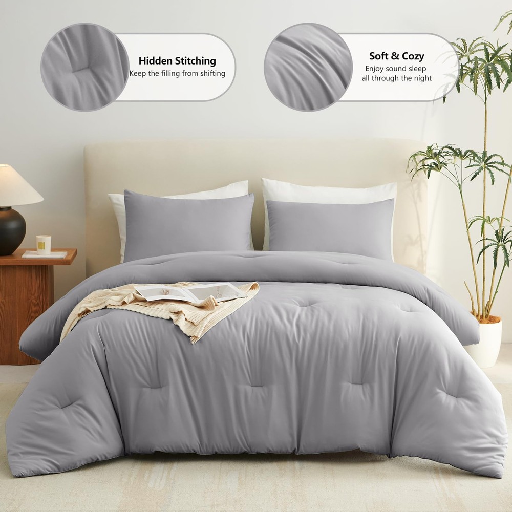 CozyLux Queen Comforter Set Grey, 3 Pieces Solid Comforters Queen, Grey