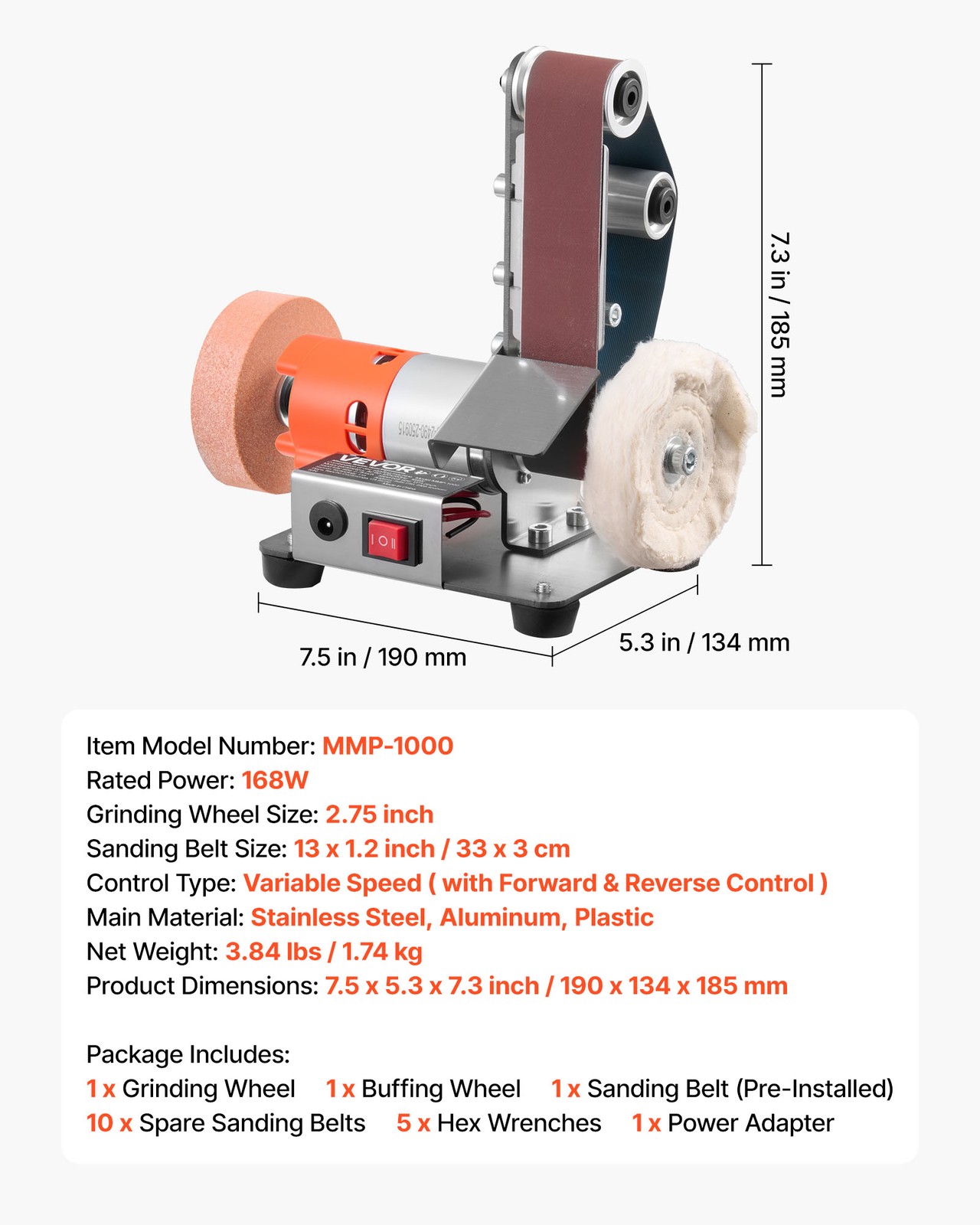 VEVOR 3-in-1 Mini Belt Sander Grinder Polisher Combo with 7 Speeds Adjustment