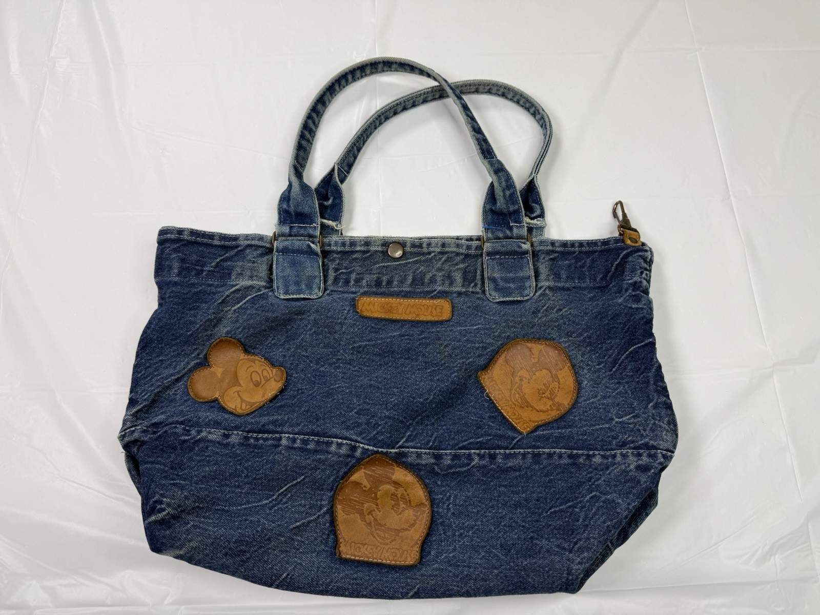 Vtg Mickey Mouse Denim Bag Purse Brown Leather Pouches 90s Disney Core Disneyana
