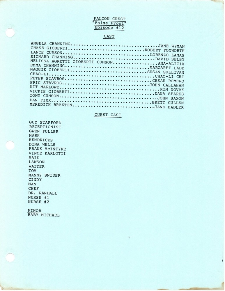 *FALCON CREST - FALSE FRONT (1986) Final Draft Script Caesar Romero, Kim Novak