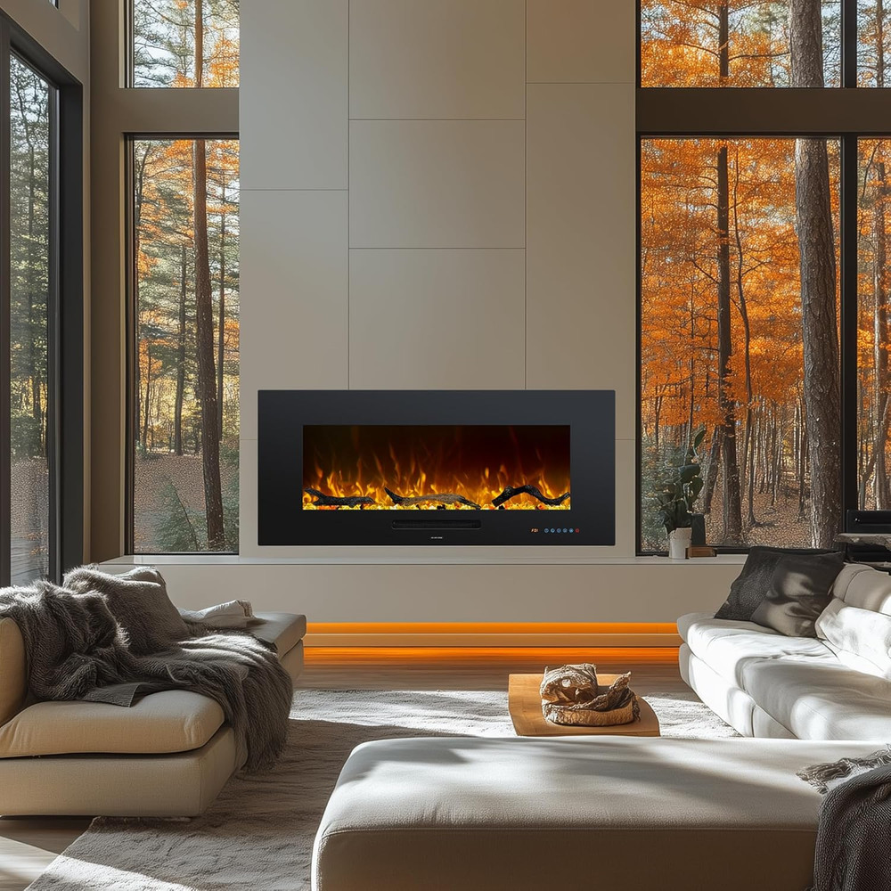 60" Wall-Mounted Electric Fireplace with Remote, Timer & Adjustable Flame Color