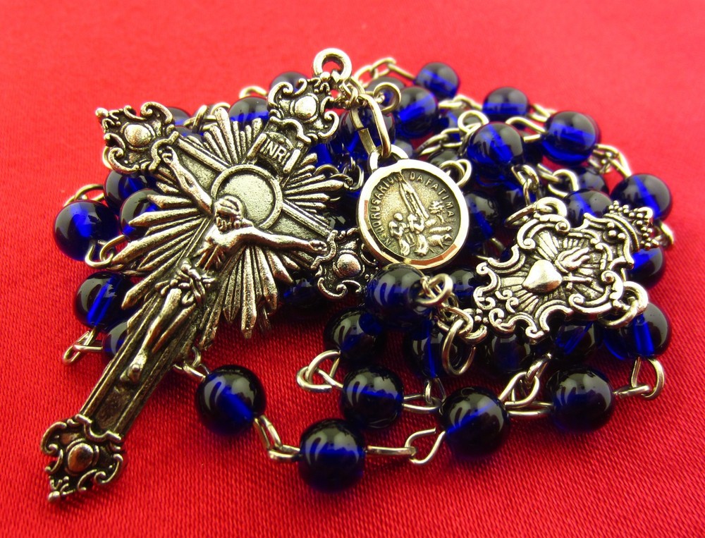 Vintage FATIMA Blue Glass Rosary Religious Holy Rosary 1917-2017 FATIMA Medal