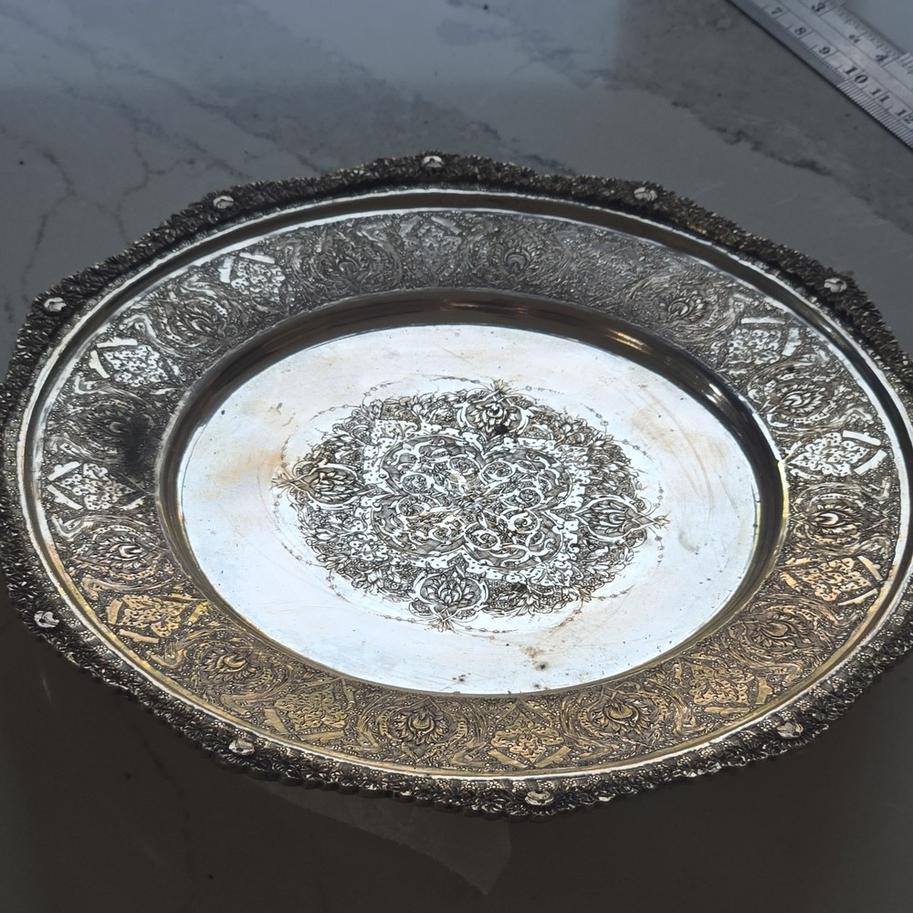 EXCEPTIONAL GENUINE ANTIQUE MIDDLE EASTERN SILVER ROUND TRAY DISH