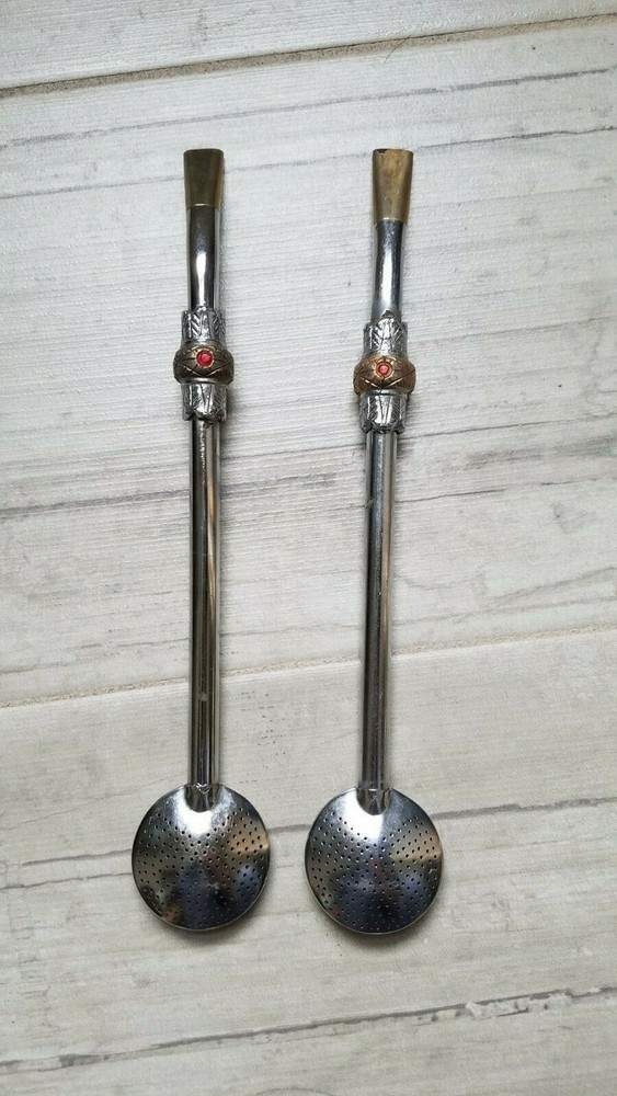 2 Antique Metal Tea Drinking Straw with Hinged Filter