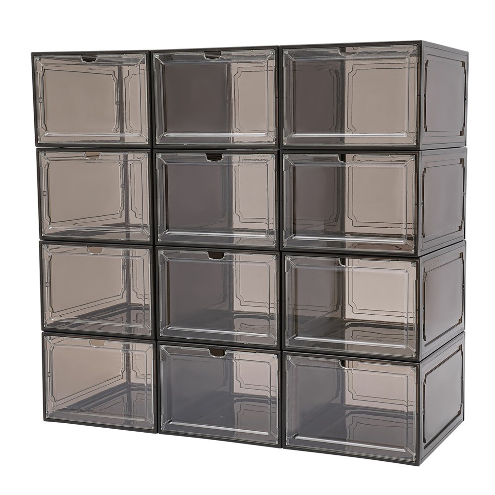 12*Stackable Shoe Storage Boxes PP & Acrylic Organizer Bins Dust-proof Container