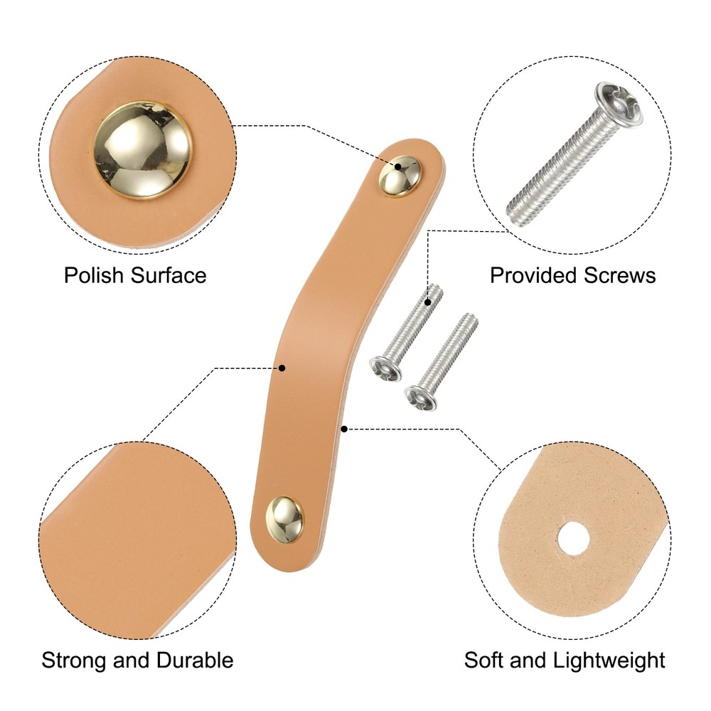 6 Packs Leather Drawer Pulls Double Hole Knobs, Beige/Gold(Hole Spacing:96mm)