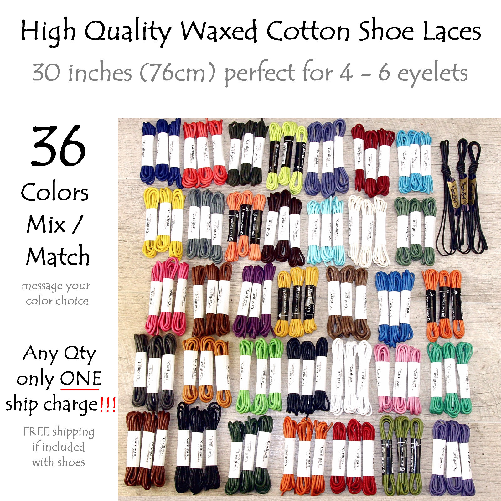 EXTRA THIN BLACK Waxed Cotton SHOELACES Laces (any qty = one ship) Allen Edmonds