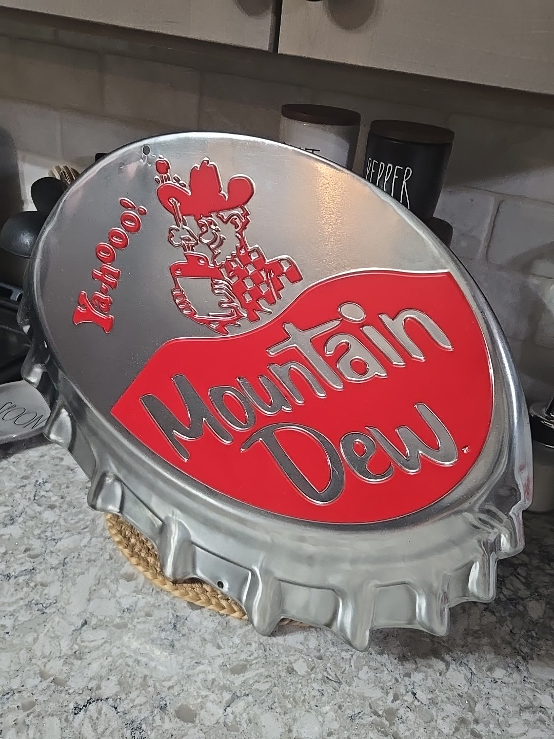 Mountain Dew Hillbilly Ya-Hoo embossed metal sign 18x19 used