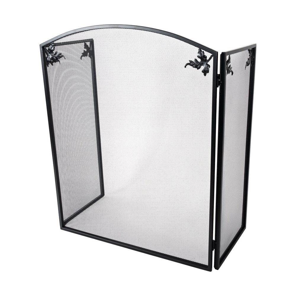3 Panel Foldable Black Fireplace Screen Arched Fireplace Gate W/ Classic Leaf