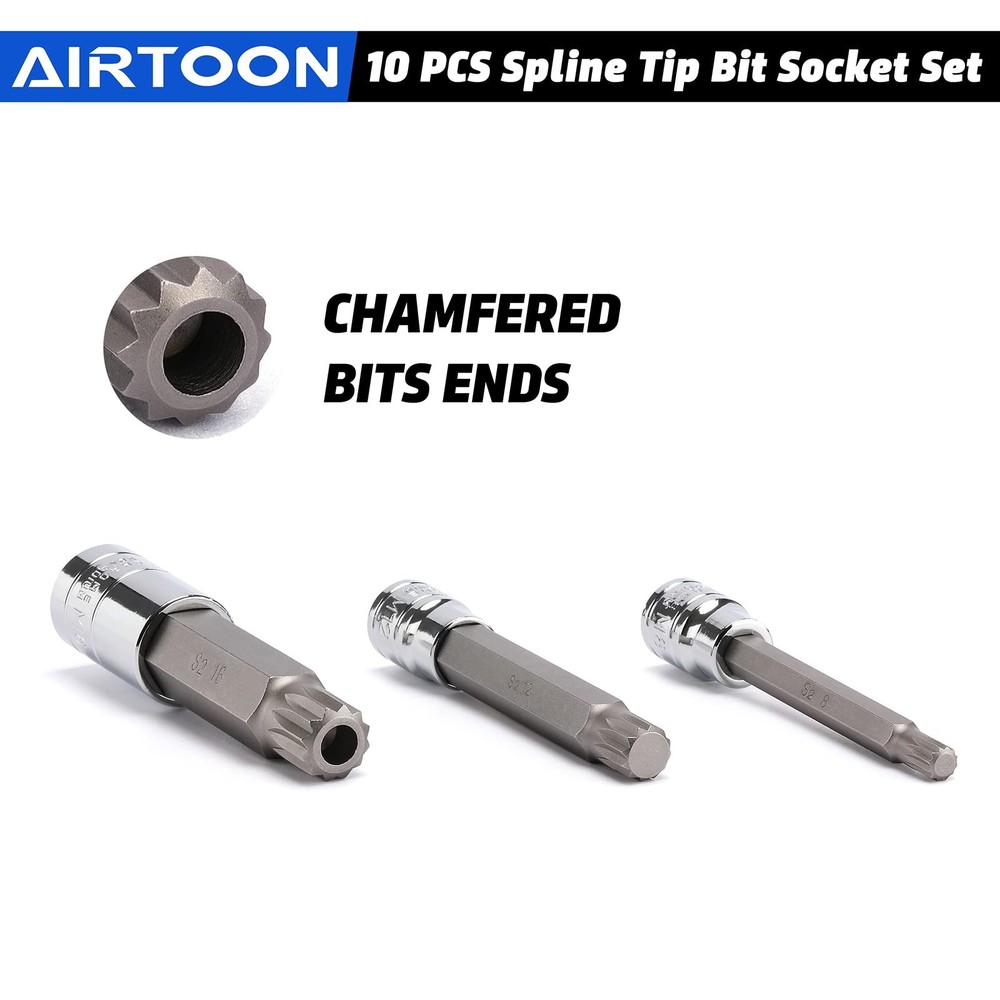 AIRTOON 10PCS Triple Square Spline Bit Socket Set, Extra Long 4'' One Size