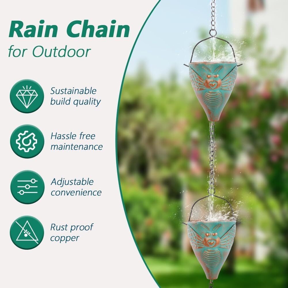 10 FT Rain Chain with Bee Pattern Cups Adjustable Decorative Gutter Rain Catch