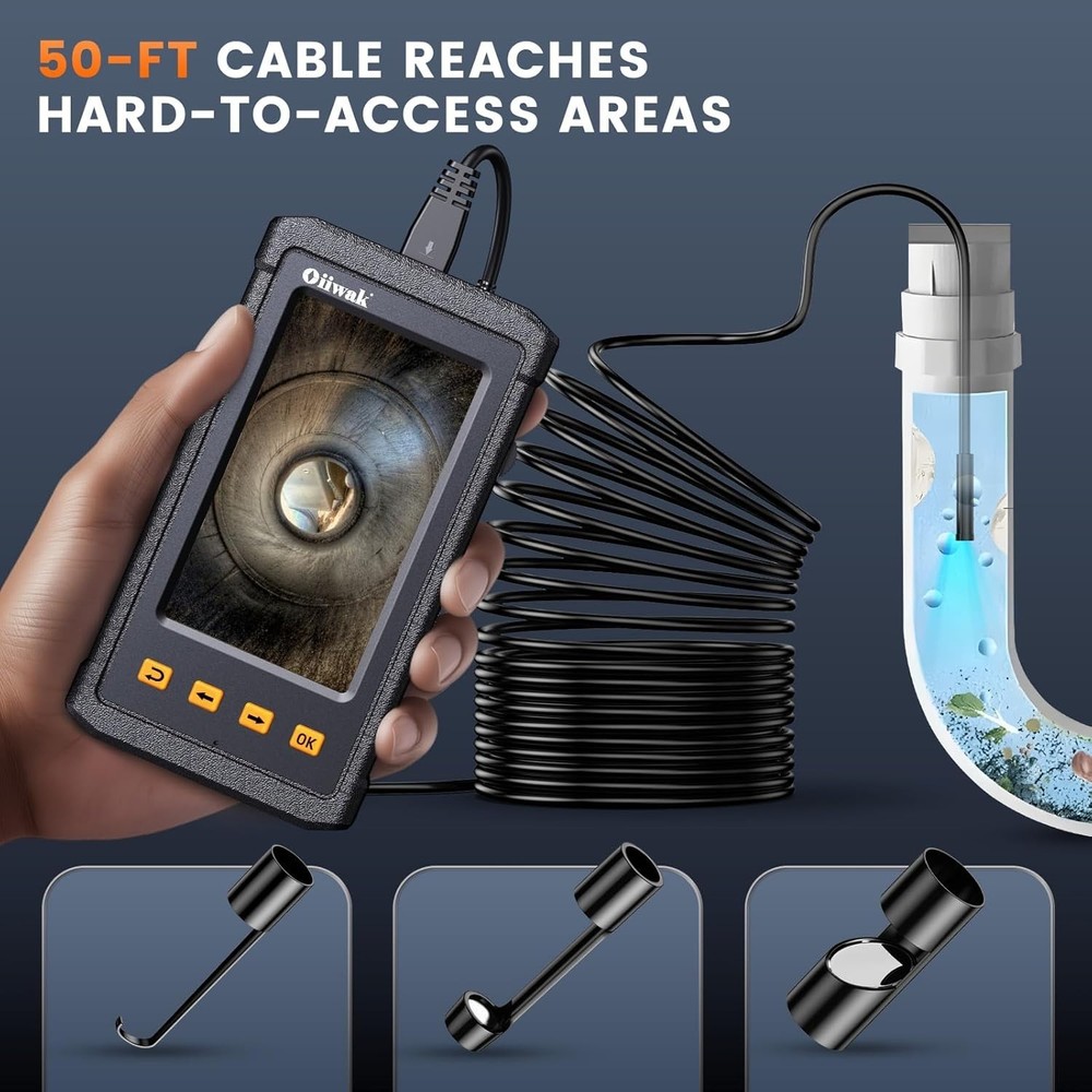 Professional 50FT Snake Borescope Camera - Waterproof with Built-in Lights
