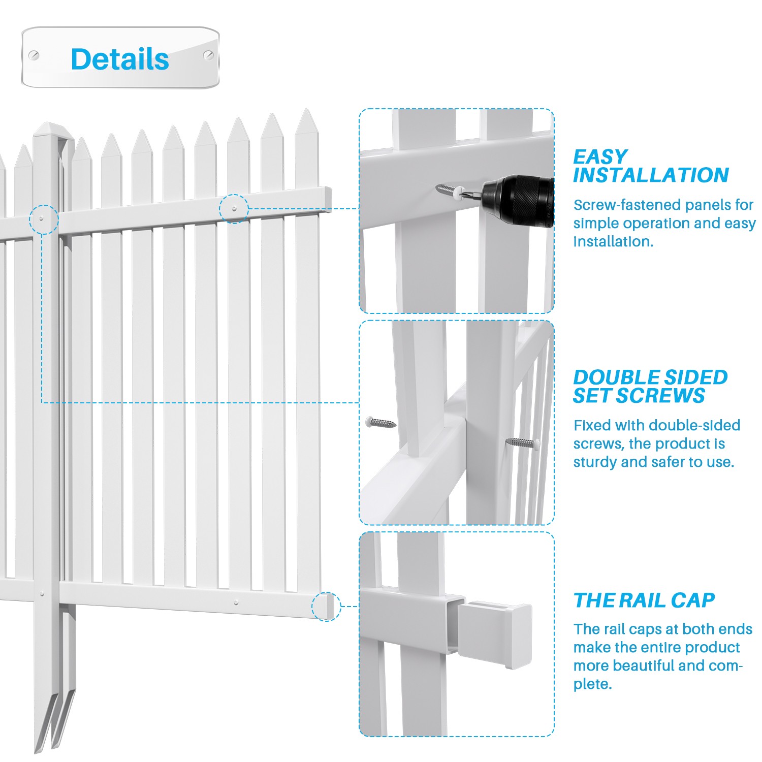 84''Wx 30''H Vinyl Picket Fence Garden Fence Panels w/20 Pickets for Soft Ground