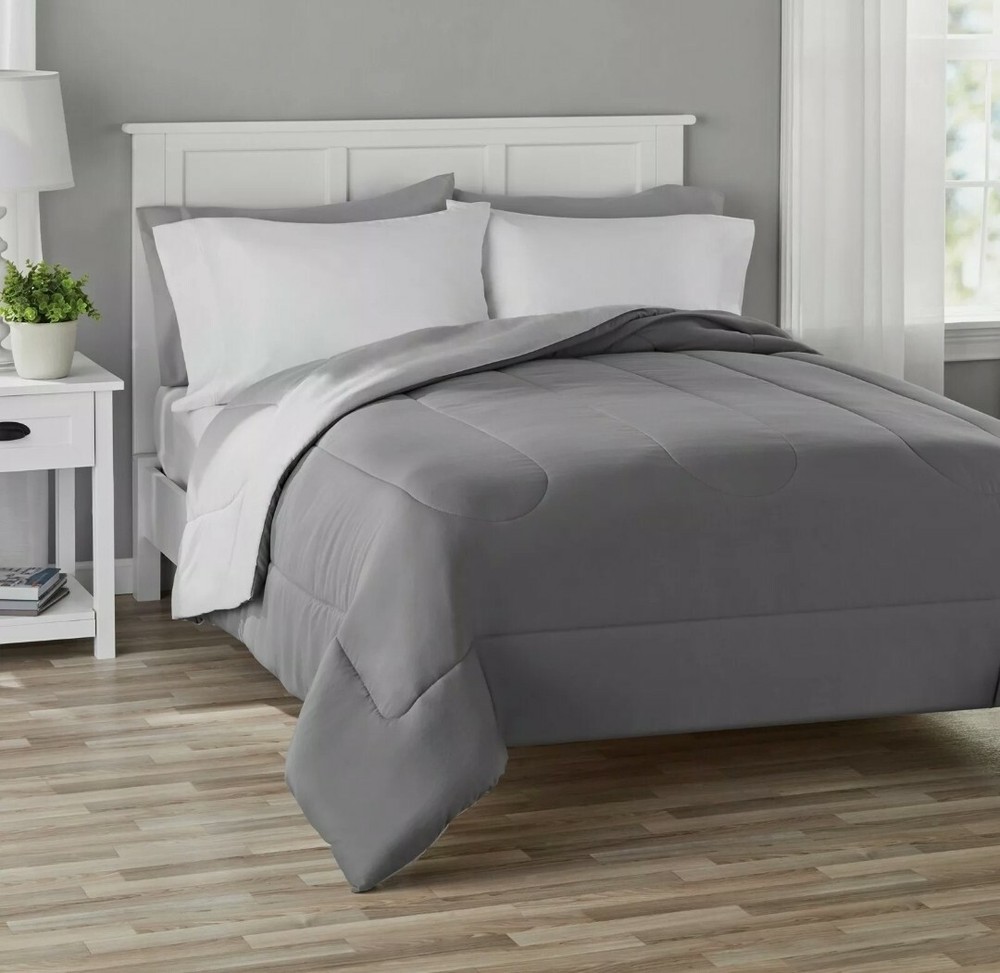 Mainstays Reversible Ultra Soft Solid Comforter in a Bag, Grey, Full/Queen