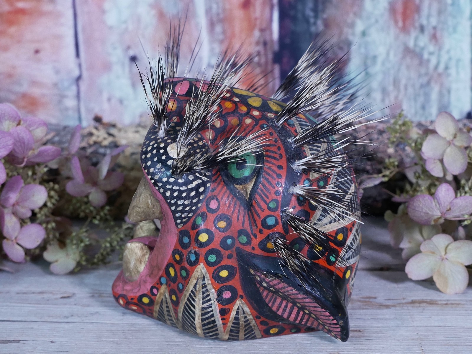 Leopard Jaguar Mask Wood & Boar Hair Whiskers Handmade Nahua Mexican Folk Art Sm