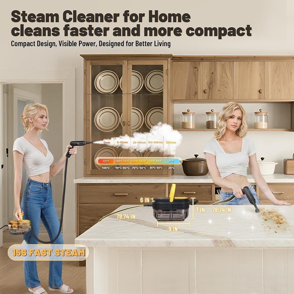 Portable Handheld Steam Cleaner with 15 Accessories - 3 Level Adjustable Handle