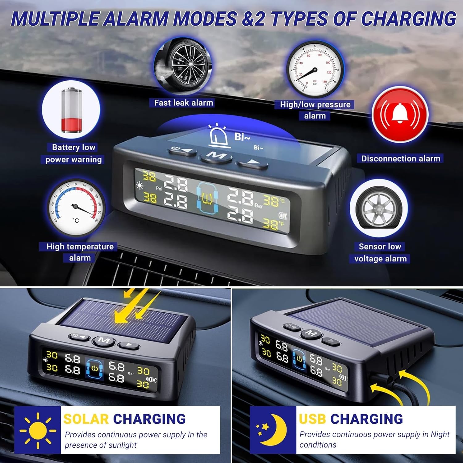 Wireless Solar TPMS LCD Car Tire Pressure Monitoring System + 4 External Sensors