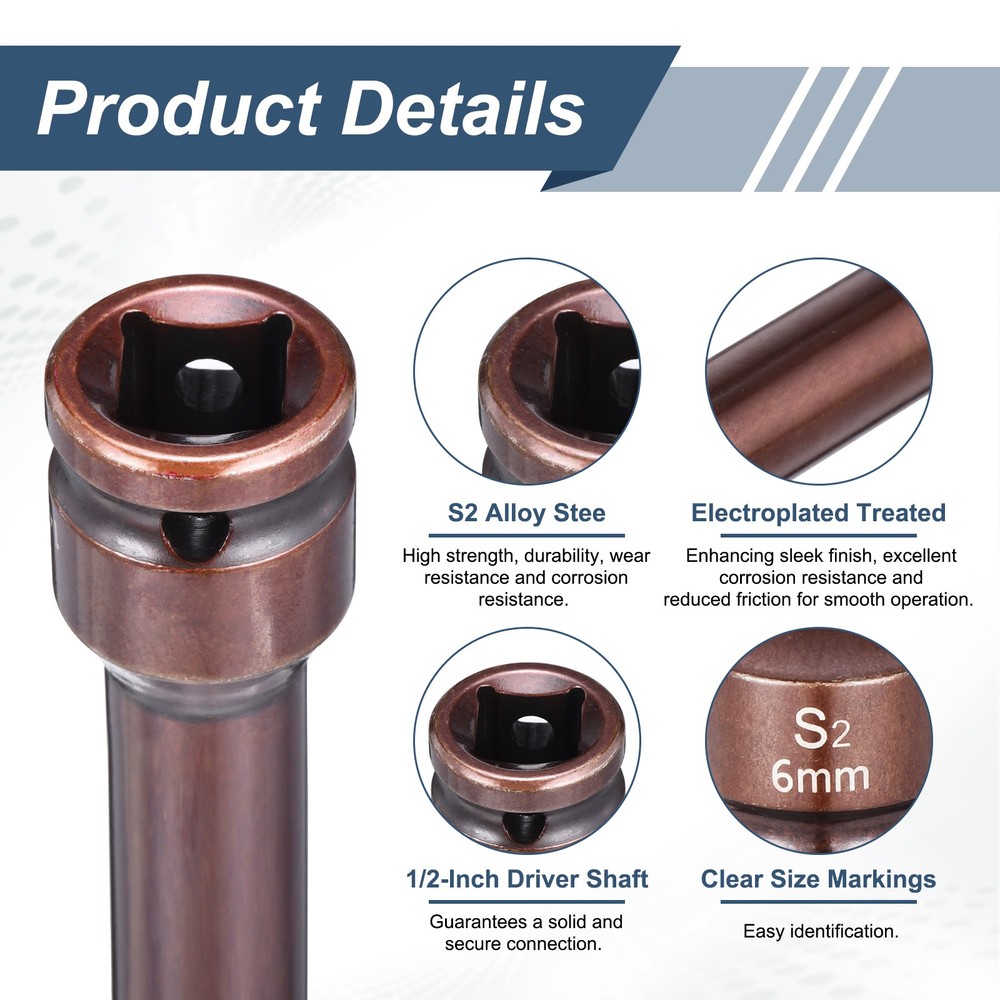1/2" Drive Impact Hex Bit Socket 6mm S2 Steel 3" Length Hexagonal Socket