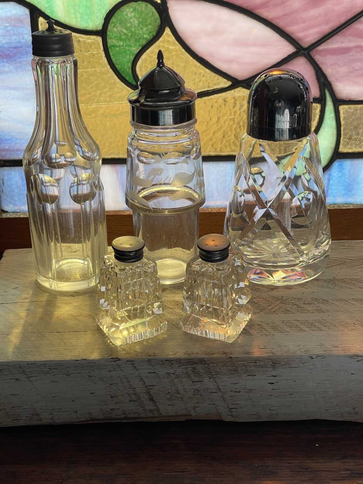Lot of 5 Vintage/Antique Crystal Etched Condiment Shakers & Cruets Birks & Co...