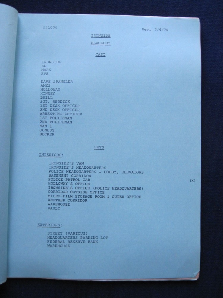 ORIGINAL TV Script IRONSIDE 'BLACKOUT' Actor JAMES MCEACHIN'S Copy