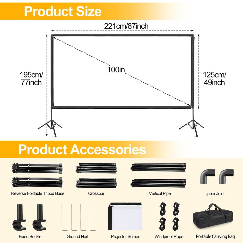Projector Screen with Stand, 100 inch Portable Projector Screen Stand with El...