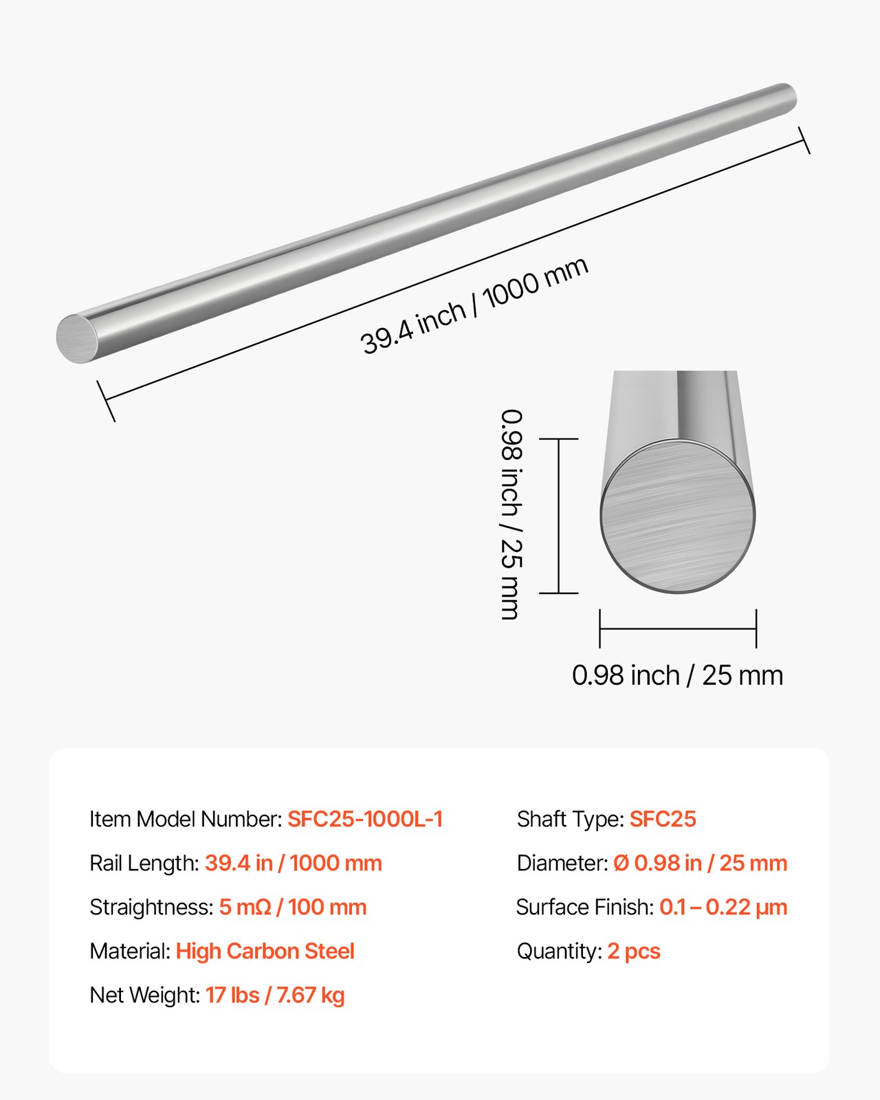 VEVOR 2PCS Linear Motion Rod 25 mm x 1000 mm SFC25 Carbon Steel Linear Rod Shaft